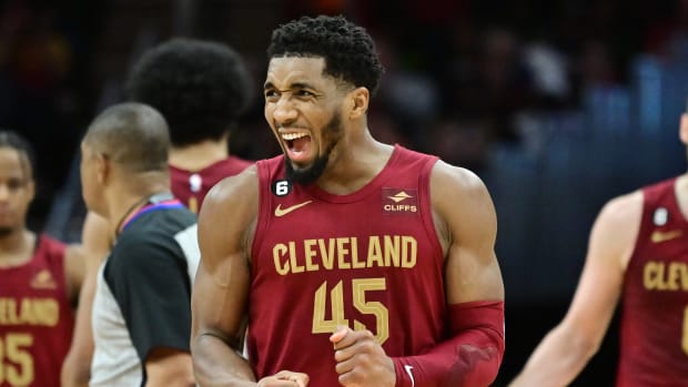 Cleveland Cavaliers guard Donovan Mitchell (45) reacts after a basket during the second half against the Chicago Bulls at Rocket Mortgage FieldHouse. Mitchell set the franchise record for points with 71.